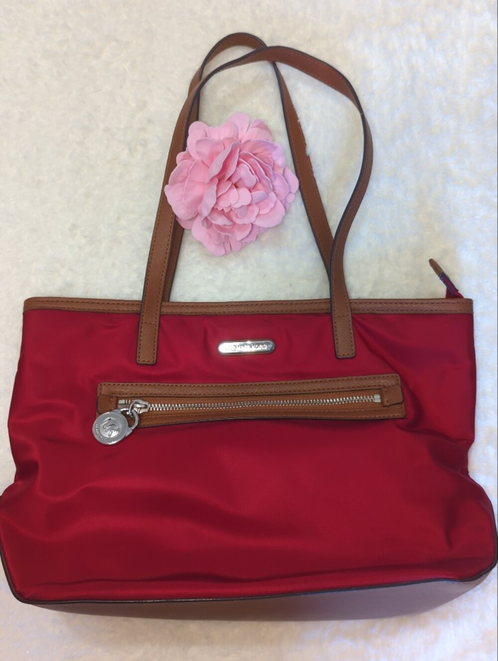 Michael Kors Red Nylon Tote with Brown Leather Trim Padlock Zipper Detail